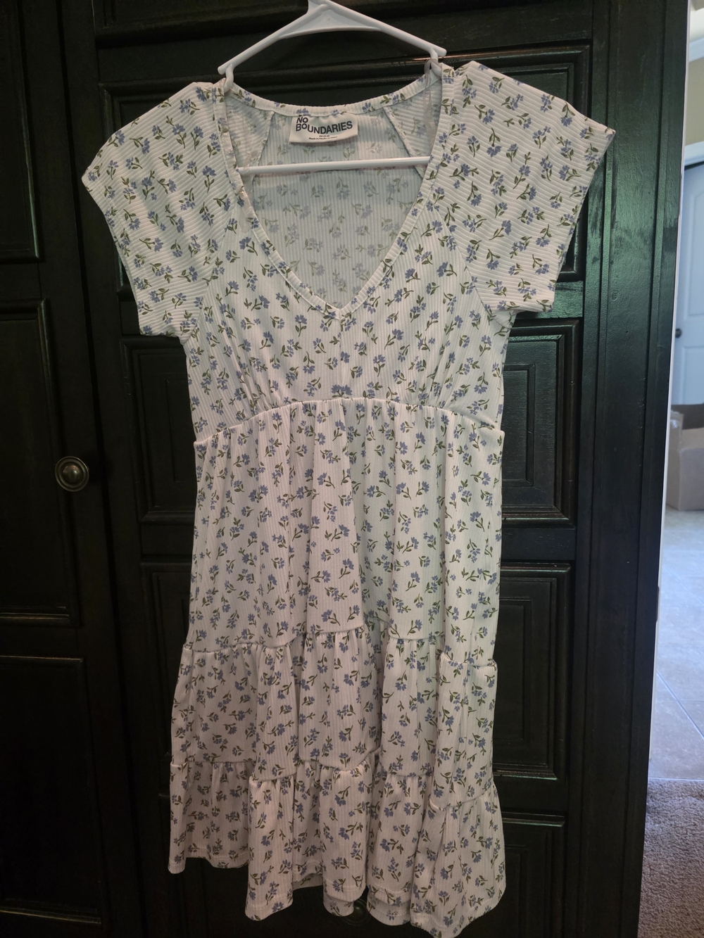 No Boundaries Floral Tiered V-Neck Dress - White with Blue Floral